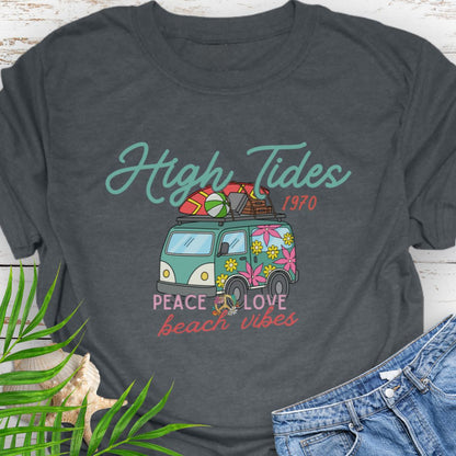 Dark Heather T-shirt with retro beach van and surf-inspired Peace Love design with phrase High Tides Beach Vibes.