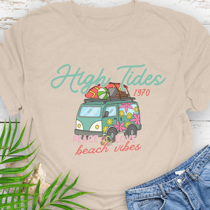 Natural T-shirt with retro beach van and surf-inspired Peace Love design with phrase High Tides Beach Vibes.