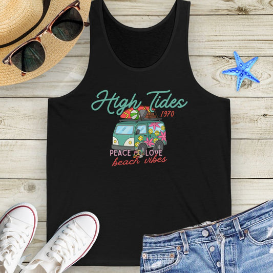 Black Unisex tank top with retro VW van, surfboards, and beach vibes design with phrase High Tides Beach Vibes.