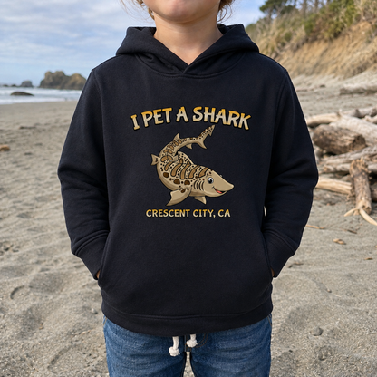 A toddler wearing a black hoodie with a shark graphic and the text 'I PET A SHARK' and 'CRESCENT CITY, CA' stands on a sandy beach.