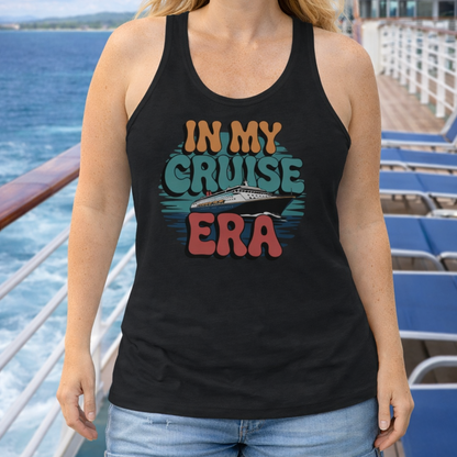 Woman wearing a black tank top with 'In My Cruise Era' text on a cruise ship deck.