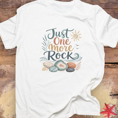 A white "Just One More Rock" graphic  unisex t-shirt featuring colorful beach stones and agates.