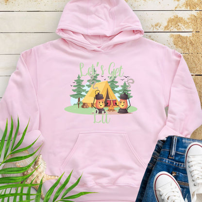 Pink Let’s Get Lit Hoodie – Funny Camping Hoodie with camping lanterns toasting red cups at a campsite with the phrase "Let's Get Lit".
