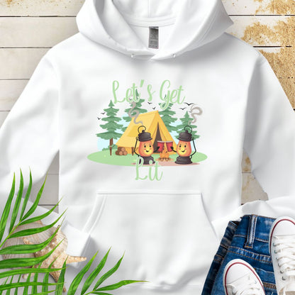 White Let’s Get Lit Hoodie – Funny Camping Hoodie with camping lanterns toasting red cups at a campsite with the phrase "Let's Get Lit".