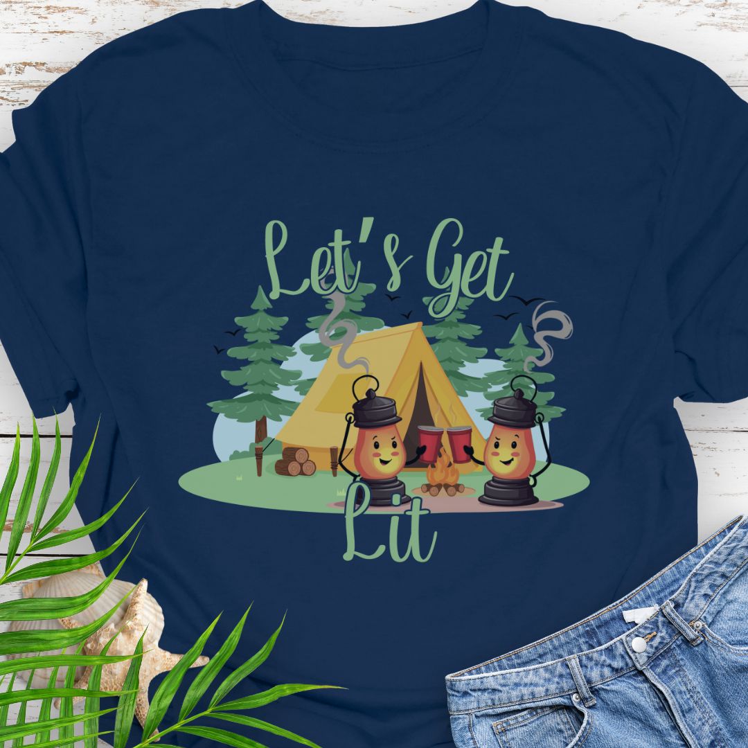 Navy funny campsite T-Shirt with laid-back party and bonfire vibe featuring camping lanterns toasting red cups with phrase Let's Get Lit.