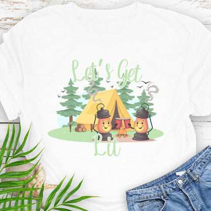 White funny campsite T-Shirt with laid-back party and bonfire vibe featuring camping lanterns toasting red cups with phrase Let's Get Lit.