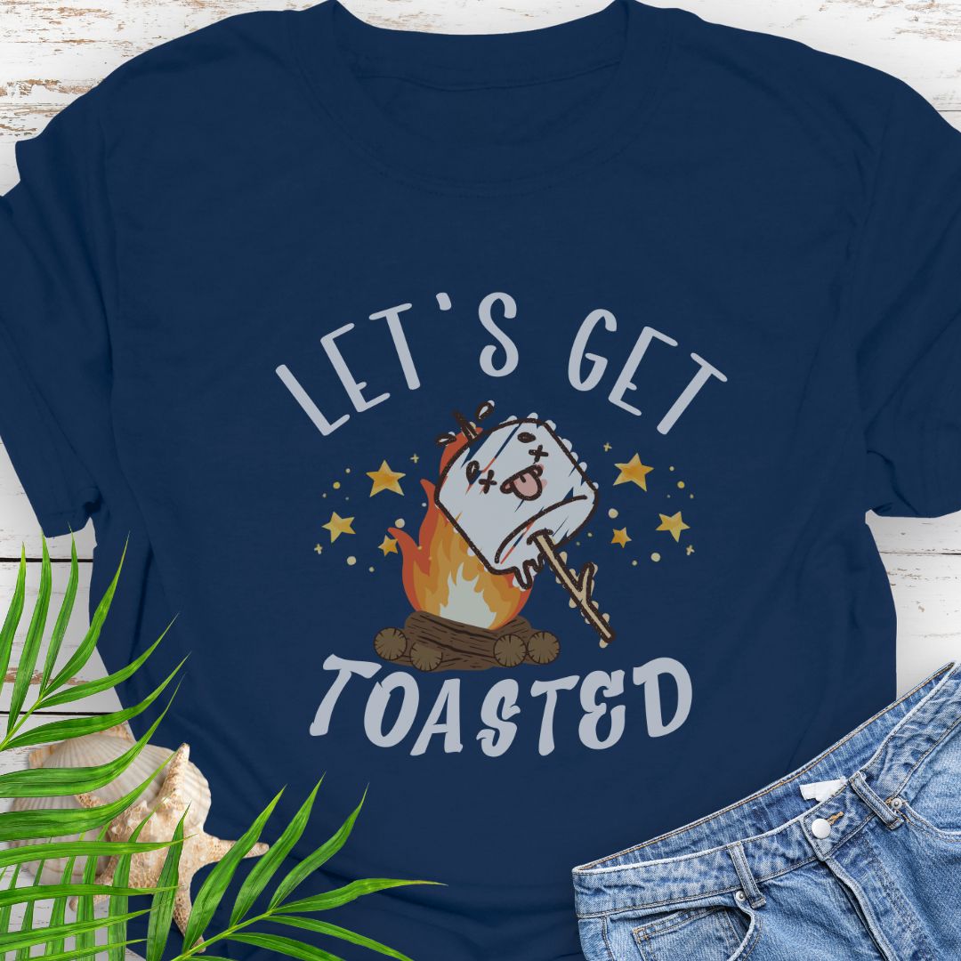 Navy Blue funny “Let’s Get Toasted” t-shirt with drunk s’more over a campfire for campers who love to party.