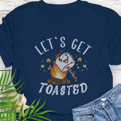 Navy Blue funny “Let’s Get Toasted” t-shirt with drunk s’more over a campfire for campers who love to party.