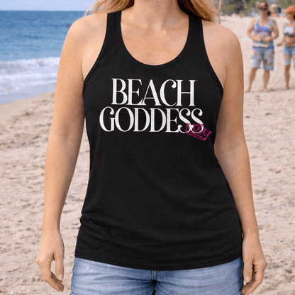 A Black Racerback Tank Top with the text Beach Goddess with a crown hanging off of the bottom of the text -stylish tank is great for vacations, beach days, or casual wear.