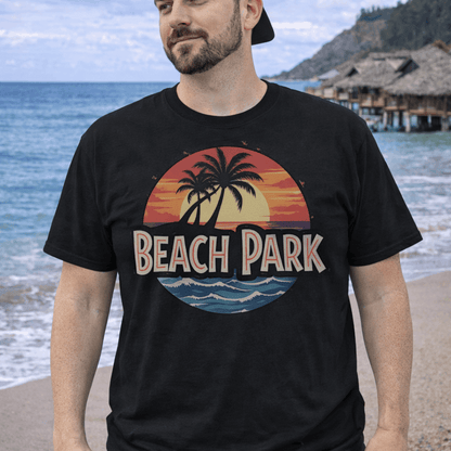 Black t-shirt with a Beach scene and text 'Beach Park' like a movie design.