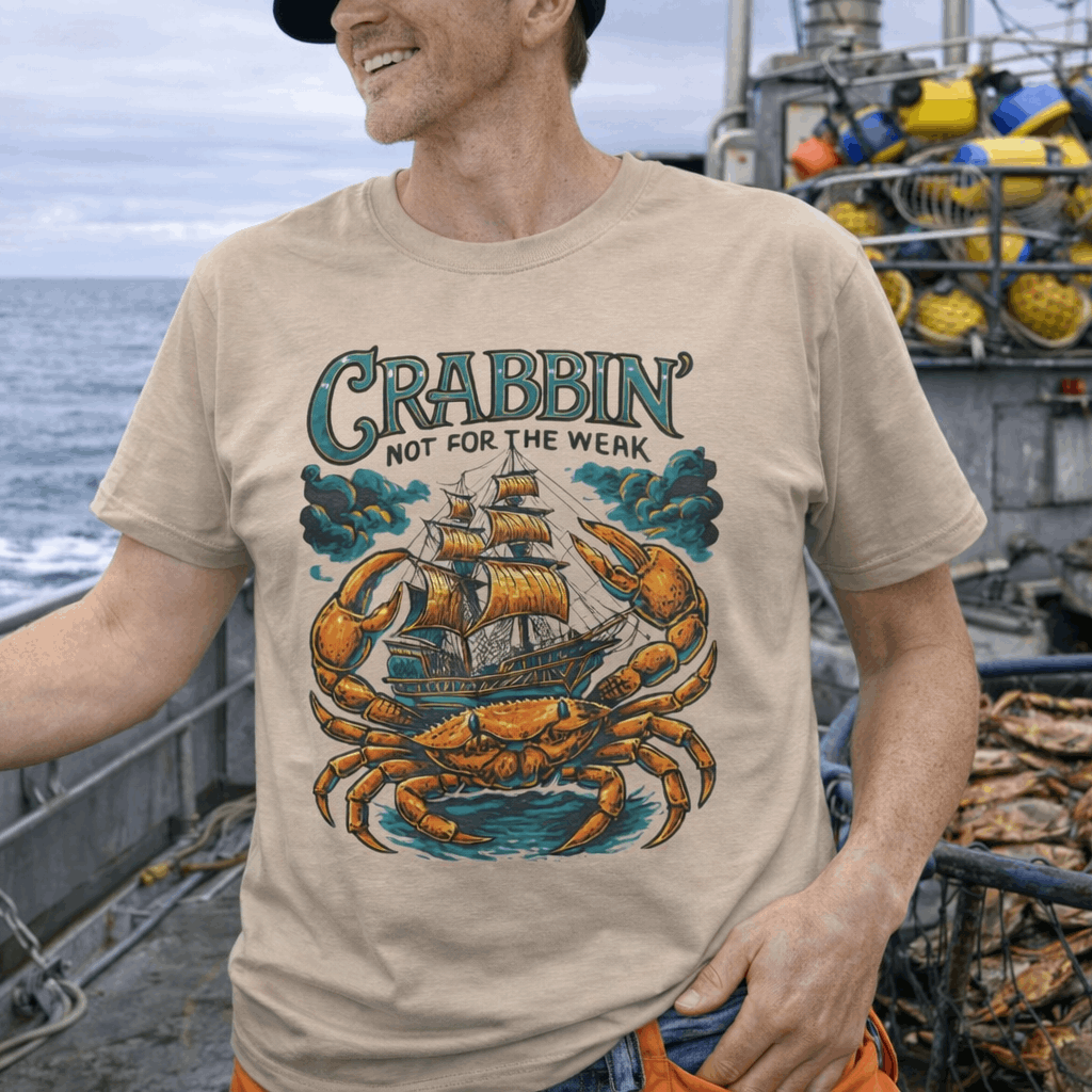 A man on a crabbing boat wearing a beige t-shirt that says Crabbin' Not for the Weak with a ship and a crab graphic.