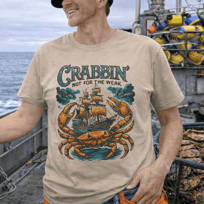 A man on a crabbing boat wearing a beige t-shirt that says Crabbin' Not for the Weak with a ship and a crab graphic.