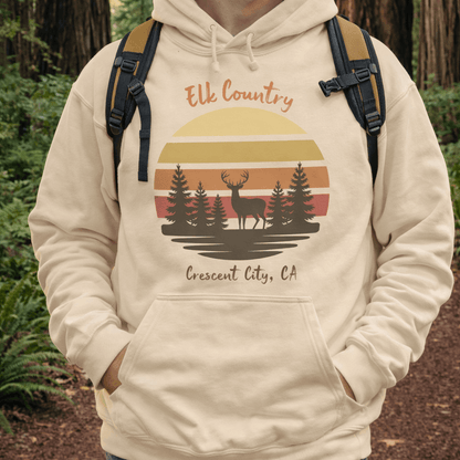 Man wearing a hoodie with 'Elk Country Crescent City, CA' design.
