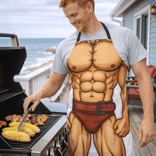 Man grilling outdoors wearing a muscular apron with a beach background