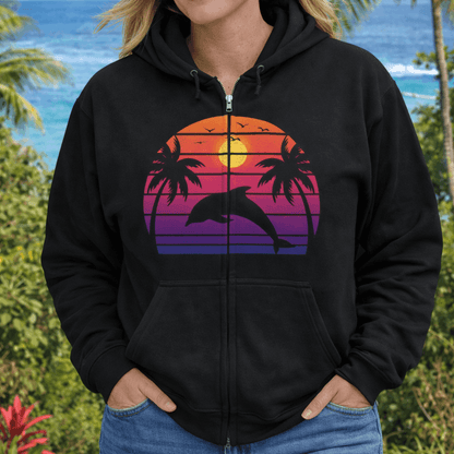 Person wearing a black hoodie with a dolphin and palm tree retro sunset design.