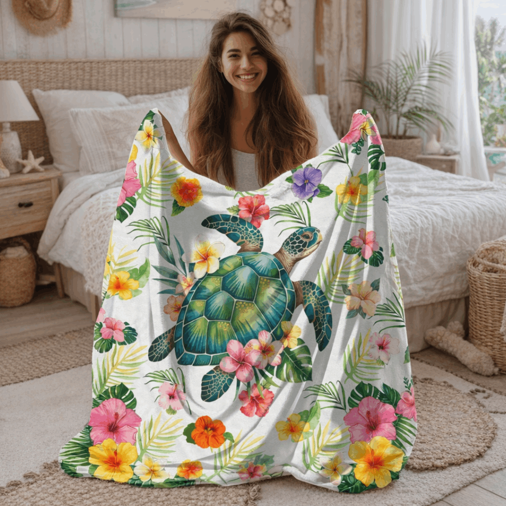 Woman holding a cozy tropical velveteen throw blanket featuring a sea turtle surrounded by colorful hibiscus flowers and palm leaves, perfect for beachy home decor.
