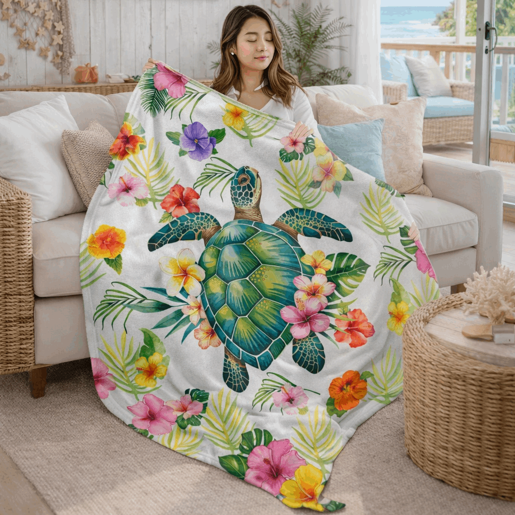 Woman sitting on a couch with a cozy tropical velveteen throw blanket featuring a sea turtle surrounded by colorful hibiscus flowers and palm leaves, perfect for beachy home decor.