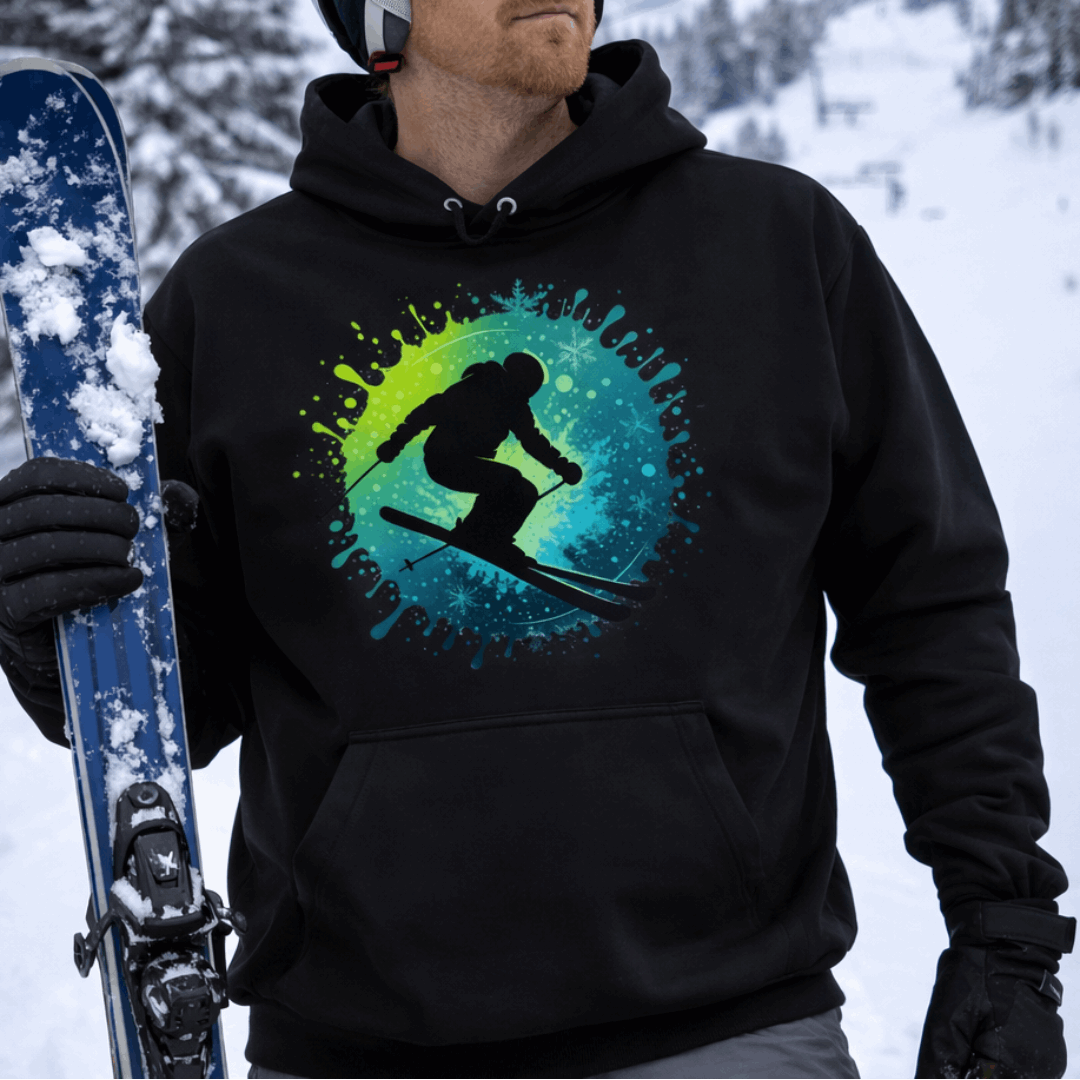 Black hoodie with colorful splash and silhouette of a skier.