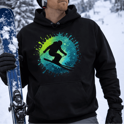 Black hoodie with colorful splash and silhouette of a skier.