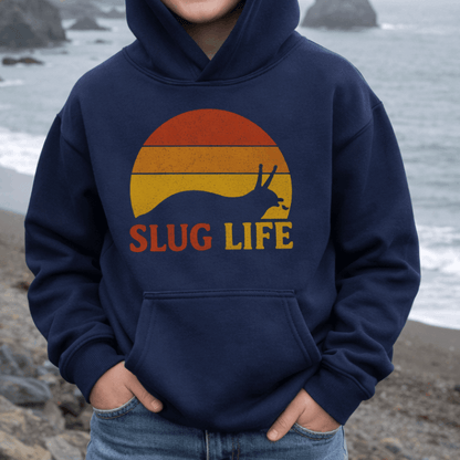 Kids navy hoodie with vintage-style sunset and slug graphic, featuring the phrase “Slug Life” in bold retro font – inspired by nature and Northern California style.