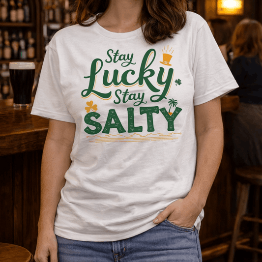 Woman wearing a white St. Patrick's Day t-shirt with 'Stay Lucky Stay Salty' text in a bar setting.