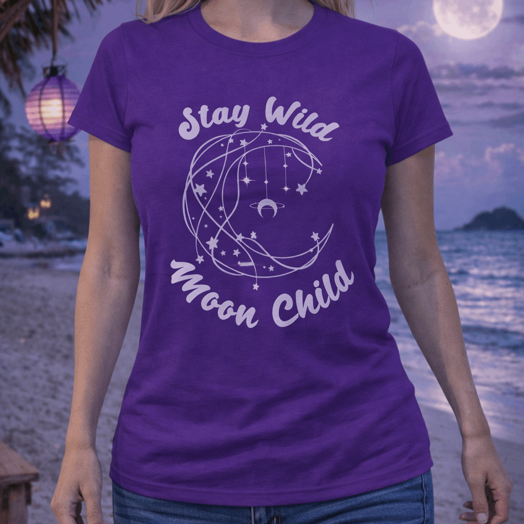 Purple t-shirt with Stay Wild Moon Child with stars and moon graphic.