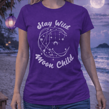 Purple t-shirt with Stay Wild Moon Child with stars and moon graphic.
