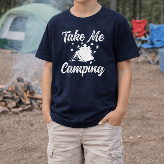 Navy blue tent in forest 'Take Me Camping' child t-shirt.