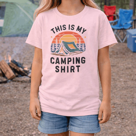 Pink This is My Camping Shirt with a retro sunset and forest scene with a tent.