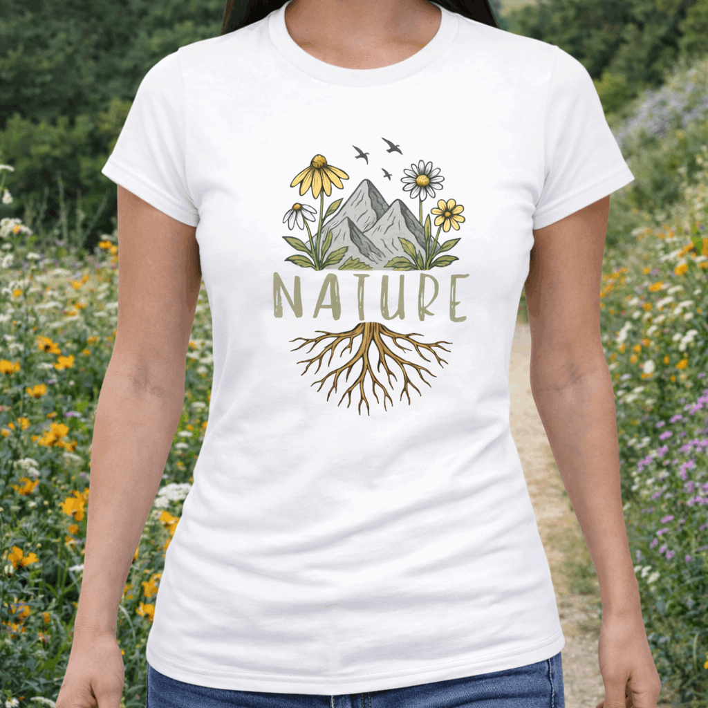 Person wearing a white t-shirt with 'Nature' design in a natural setting