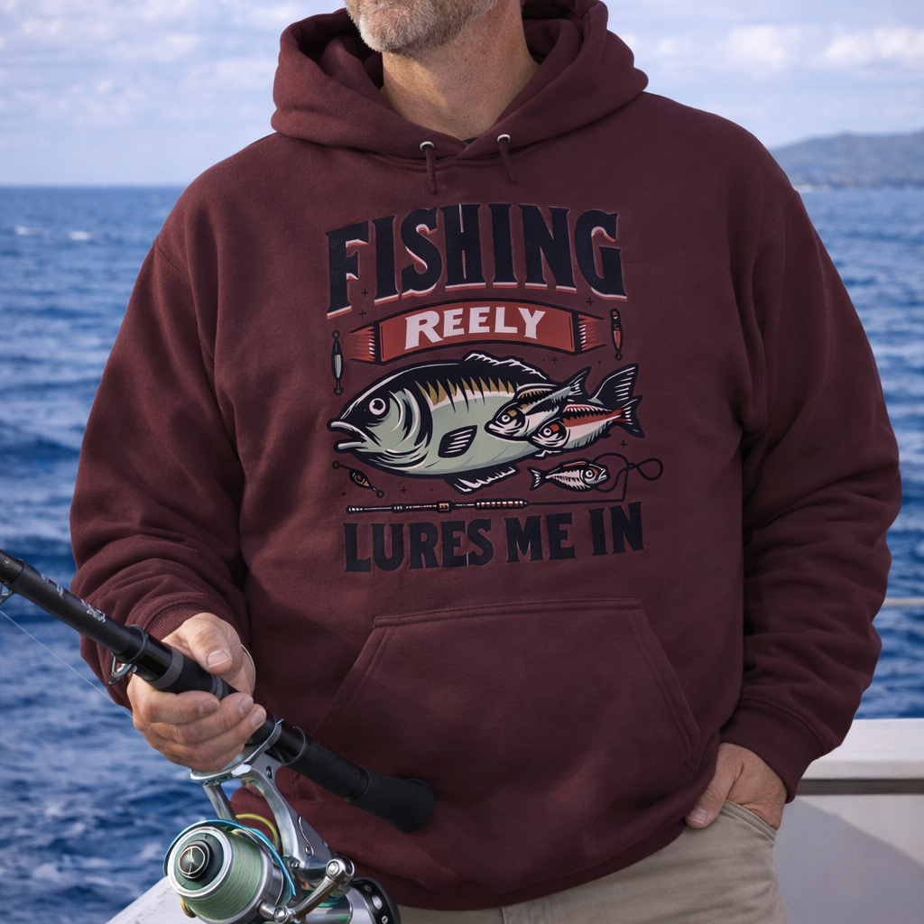 Man wearing a hoodie with a fishing graphic and text Fishing Reely Lures Me In.