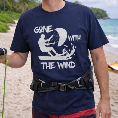 Blue T-shirt with graphic of windsurfer with text Gone with the Wind.