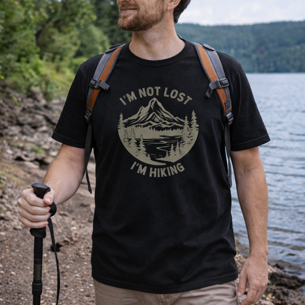 Man hiking by a lake wearing a black t-shirt with 'I'm not lost, I'm hiking' design.