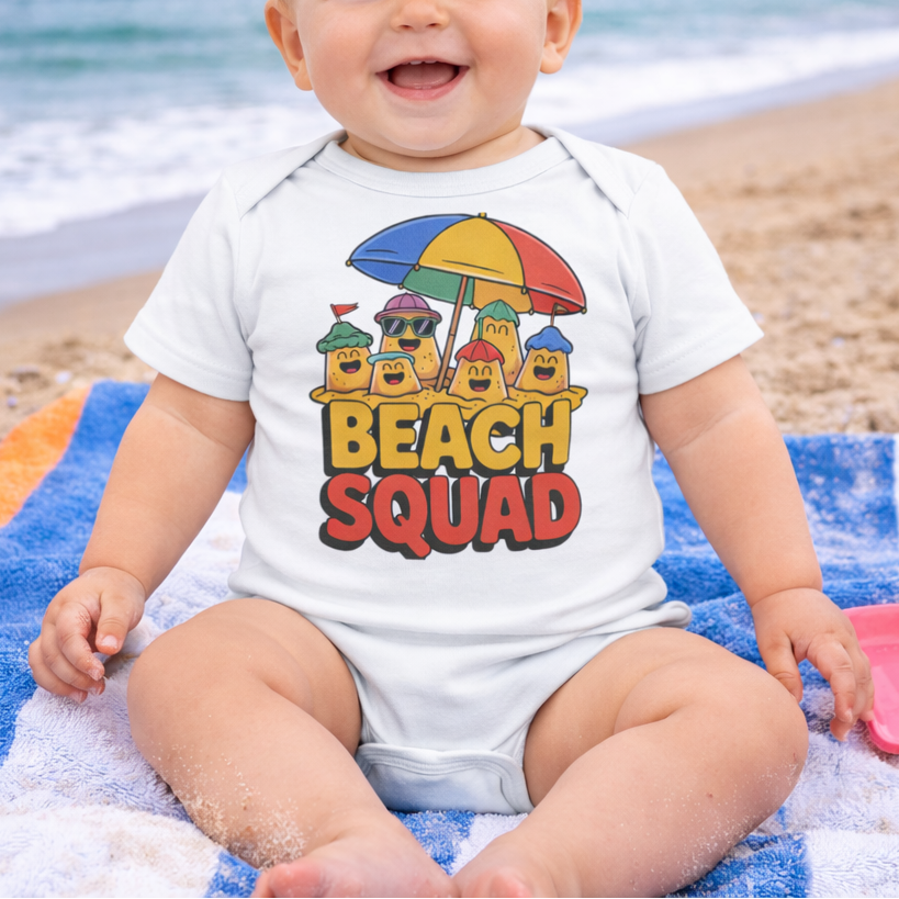 Baby sitting on a beach towel with 'Beach Squad' onesie, ocean and sand in the background
