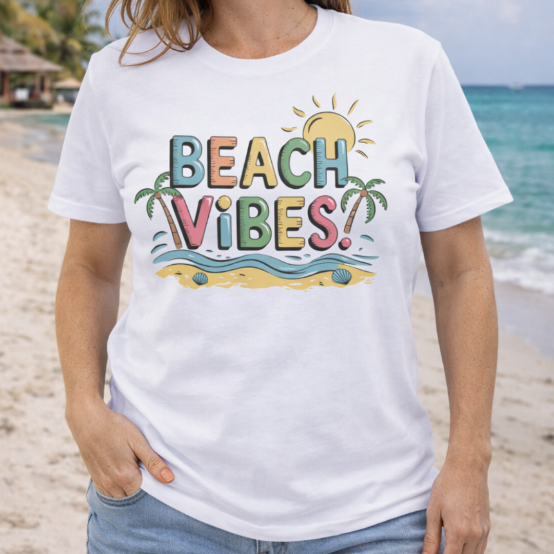 Person wearing a white t-shirt with 'Beach Vibes' text on a beach