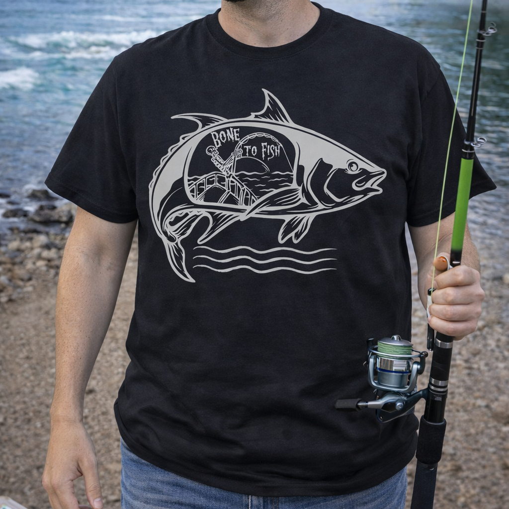Man wearing a black t-shirt with a fish design of a skeleton fishing inside of a fish and the text Bone to fish.