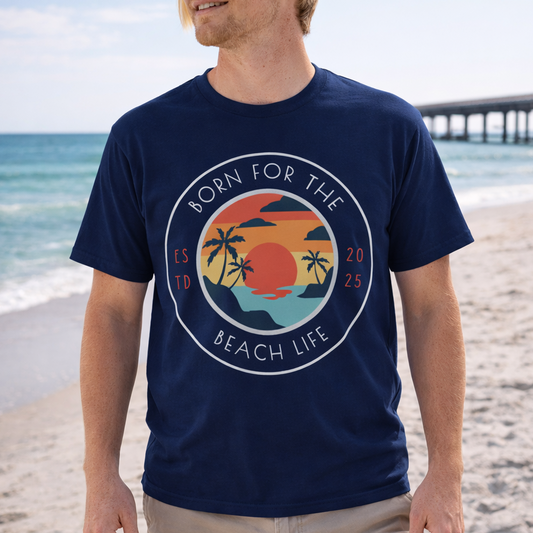 Man wearing a navy blue t-shirt with a beach-themed design Born for the Beach Life.