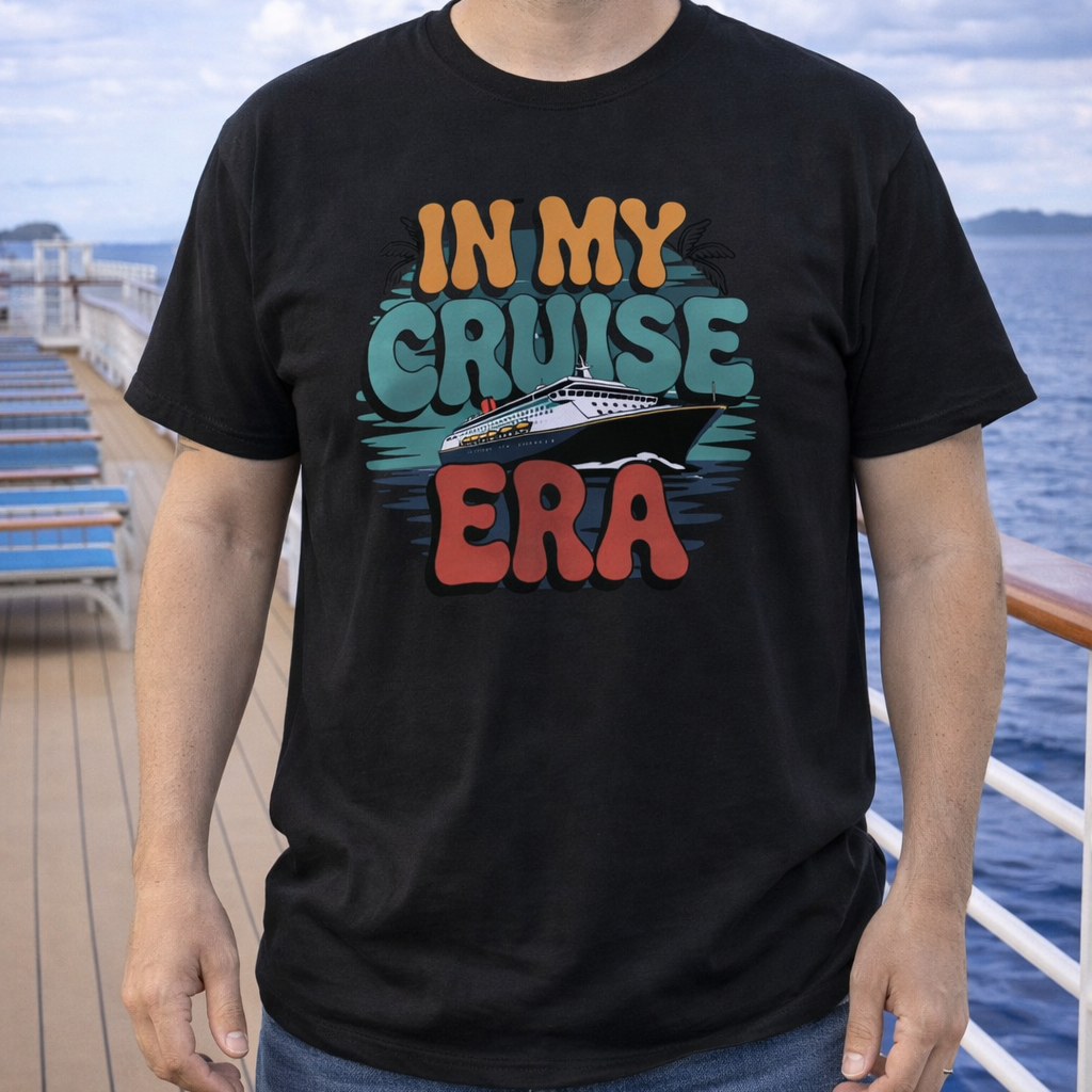 Man wearing a black t-shirt with 'In My Cruise Era' design on a cruise ship deck.