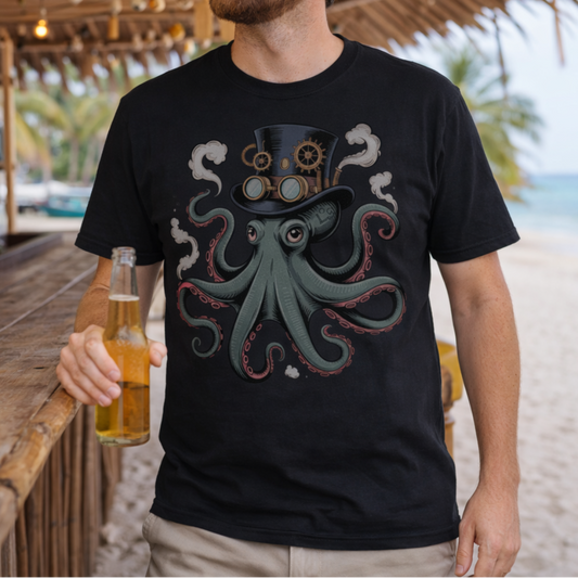 Man wearing a black t-shirt with a steampunk octopus design, holding a beer, standing in a beachside bar.