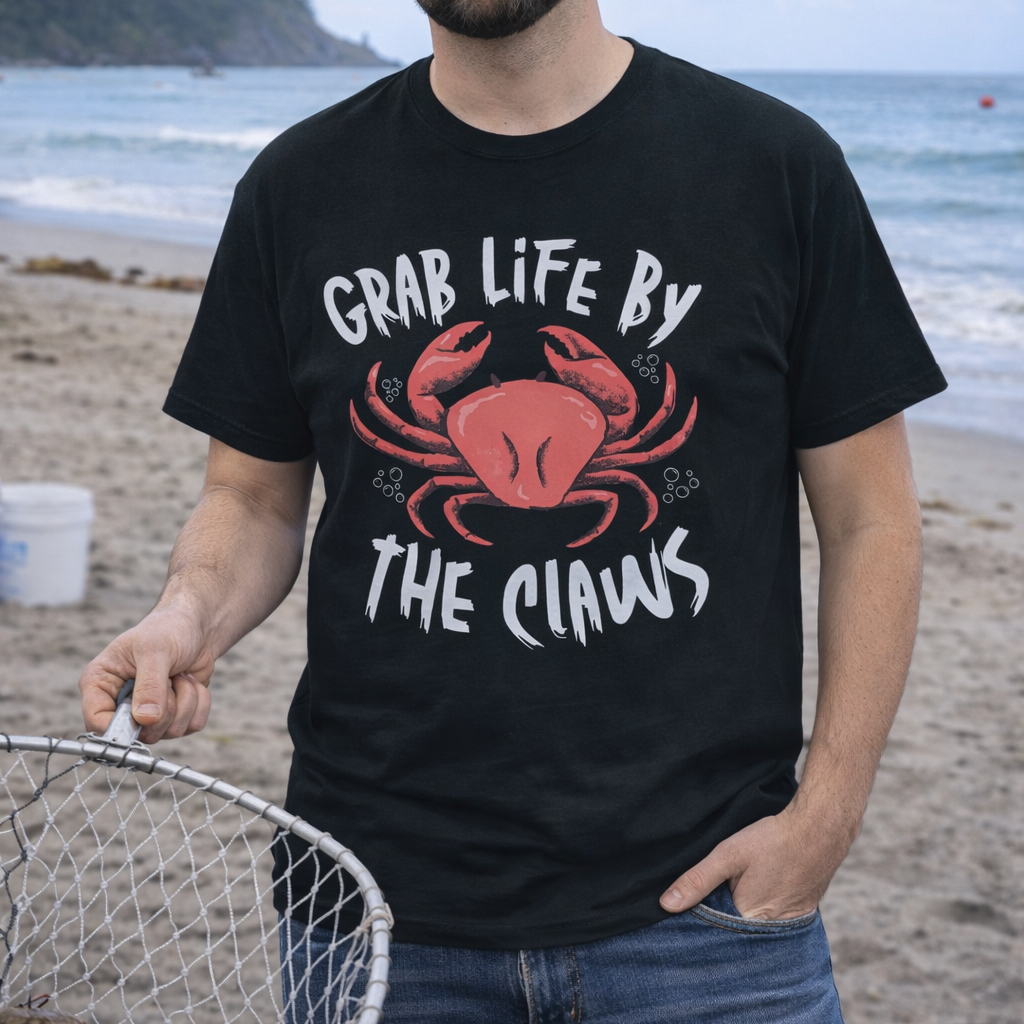 Man wearing a black t-shirt with a red crab graphic and text Grab Life by the Claws.