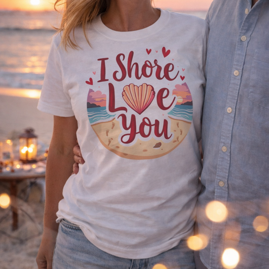 Woman wearing a t-shirt with 'I Shore Love You' design on a beach at sunset.