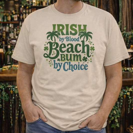 Man wearing a t-shirt with 'Irish by Blood, Beach Bum by Choice' text in a bar setting