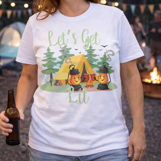 Person wearing a white t-shirt with a camping graphic and text Let's Get Lit.