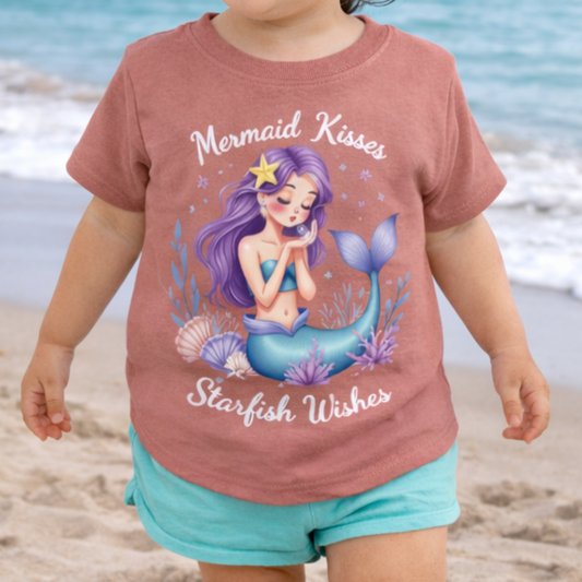 Child wearing a mermaid-themed shirt with text Mermaid Kisses Starfish Wishes.