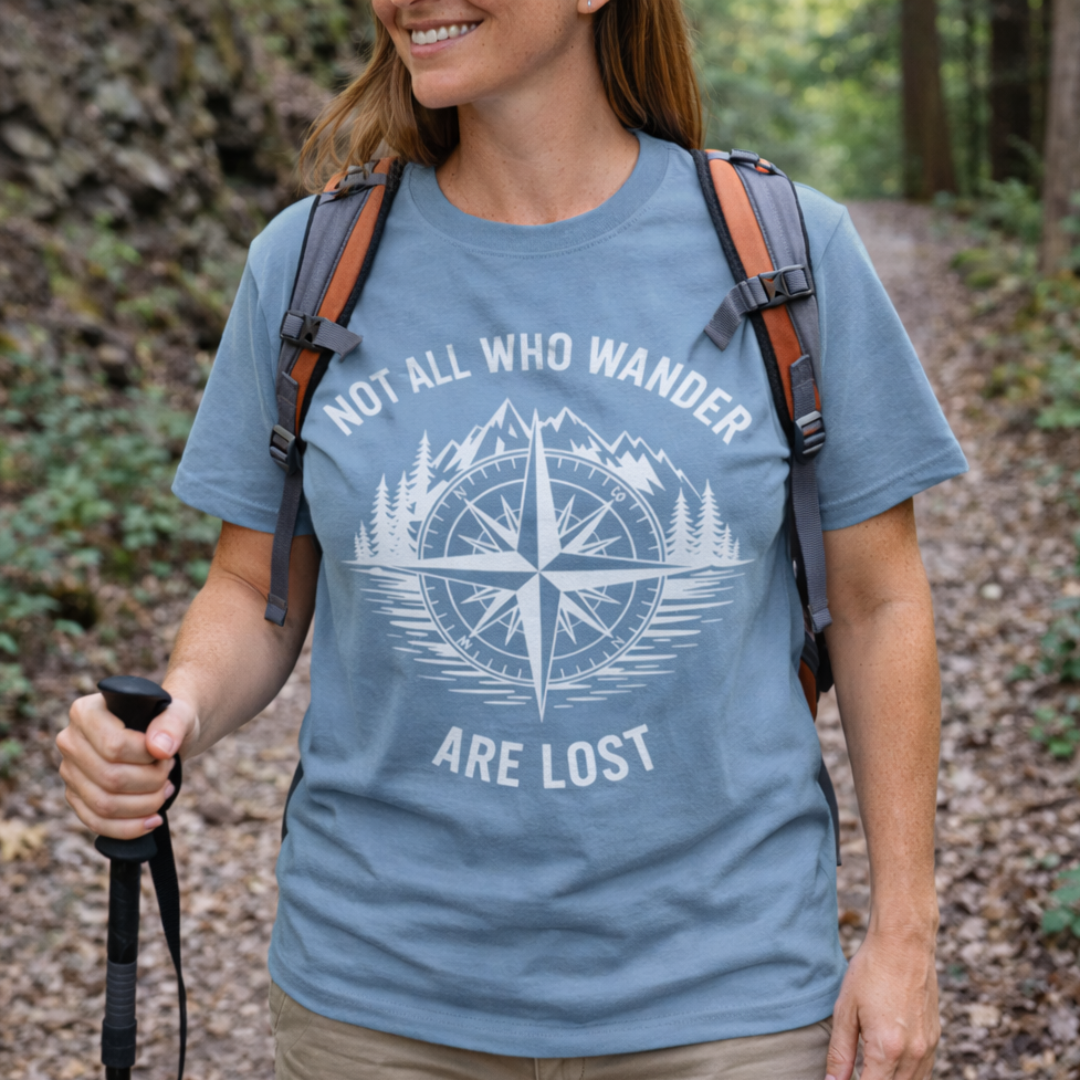 Person wearing a blue t-shirt with a compass design and text Not All Who Wander Are Lost.