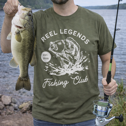Man holding a fish and a fishing rod by a lake, wearing a 'Reel Legends Fishing Club' t-shirt.