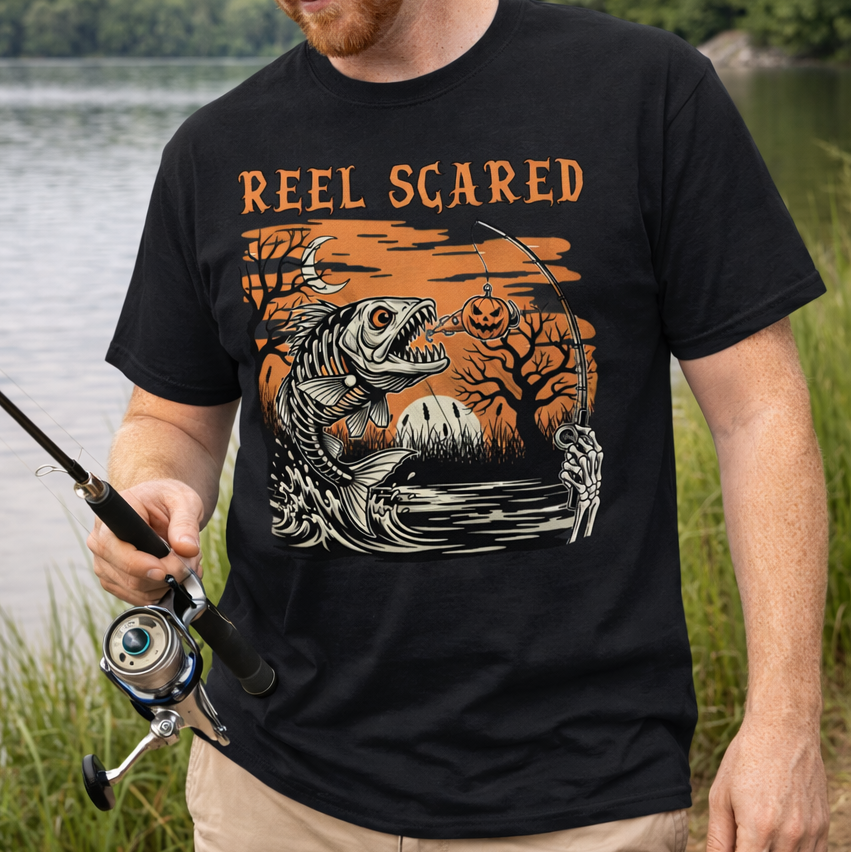 Man fishing by a lake wearing a black t-shirt with 'Reel Scared' graphic design.