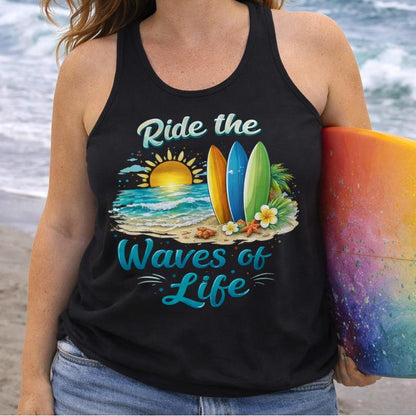 Woman on a beach holding a rainbow surfboard, wearing a black tank top with a surf design and text Ride the Waves of Life.