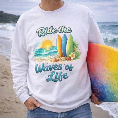 Person wearing a white sweatshirt with a beach-themed design with text Ride the Waves of Life.