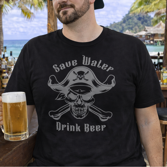 Man wearing a black t-shirt with a skull and crossbones pirate design and text Save Water Drink Beer.